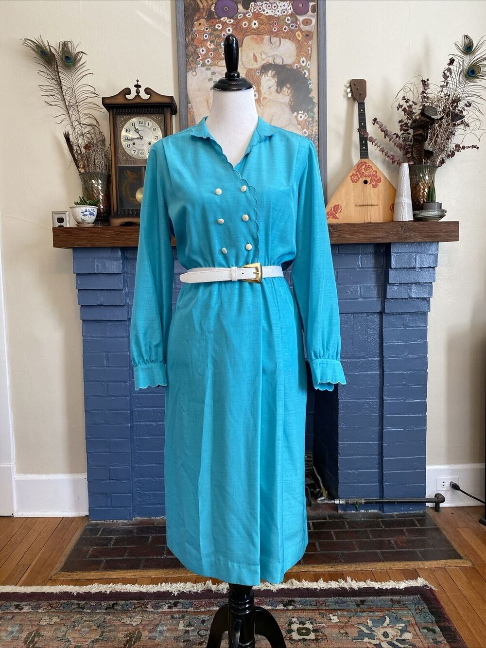Vintage Schrader Sport Turquoise New York Belted Shirt Dress Size 8 S/M 80s